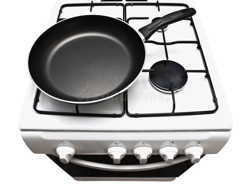 Frying pan at the white gas stove over the white background. Frying pan stock images, royalty-free photos and pictures