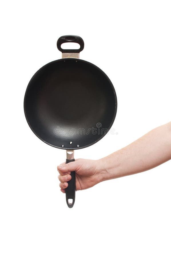 Frying Pan In Hand On White Background Stock Image - Image of cooking ...