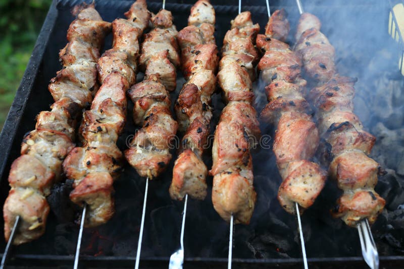 Frying pork kebabs stock image. Image of outdoor, barbeque 128096615