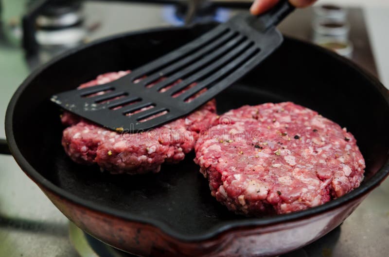 Frying raw burger