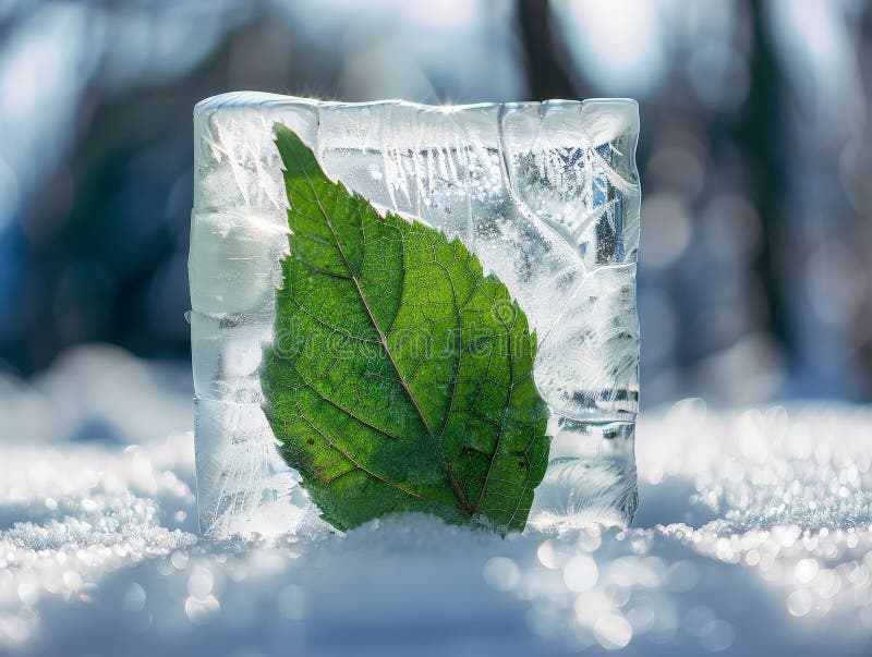 Fryst löv i isblock på snöbotten stock illustrationer