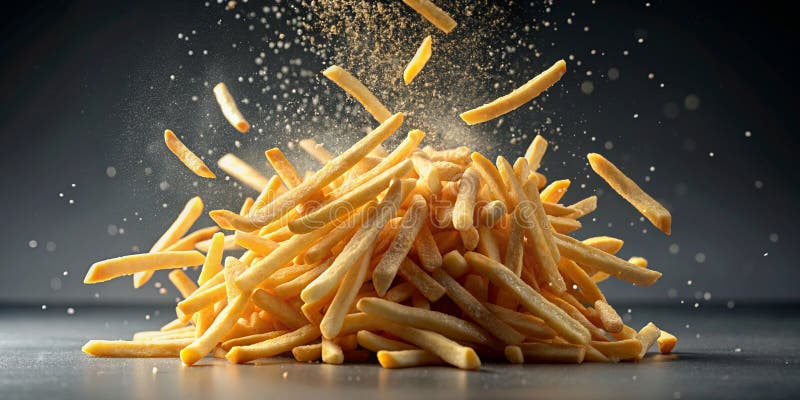 Fryströrelse av nedfallande friska friska friska frites som närmar sig det aigenererade innehållet. vektor illustrationer