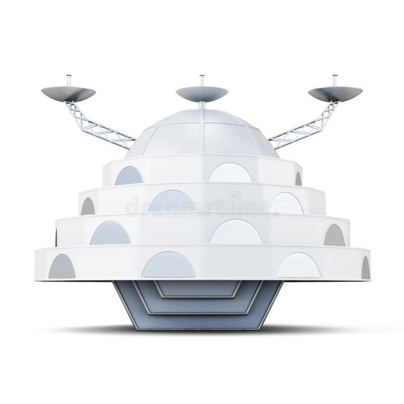Främmande rymdskepp som isoleras på en vit bakgrund framförande 3d stock illustrationer Främmande rymdskepp som isoleras på en vit bakgrund framförande 3d stock illustrationer