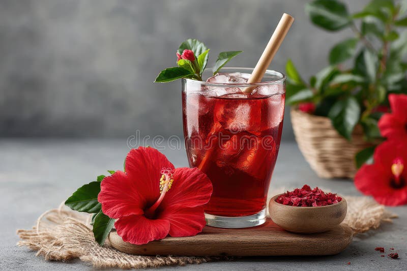 Fräschning av det pipande hibiscus-teet i glas med iskuber och halm på det rustiska bordet med röda blommor och gröna blad royaltyfri illustrationer