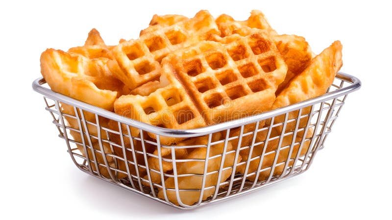 Frías de Waffle doradas en cesta de metal sobre fondo blanco ilustración del vector