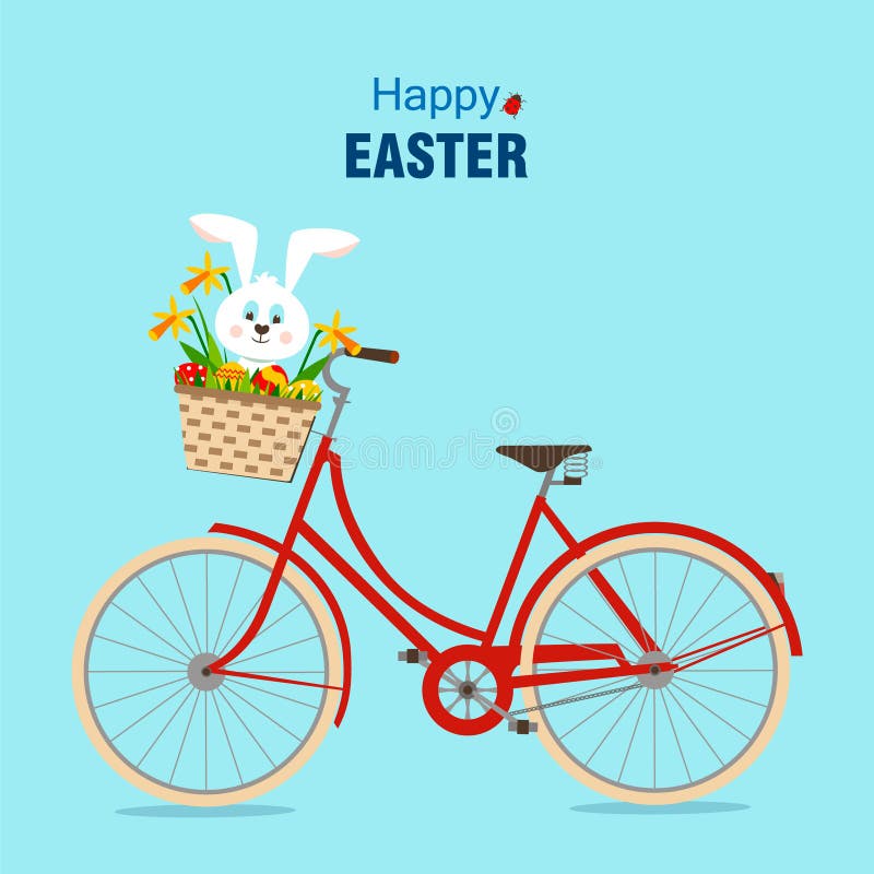 Fröhliche Ostern und Fahrrad mit Kaninchen lizenzfreie abbildung Fröhliche Ostern und Fahrrad mit Kaninchen lizenzfreie abbildung