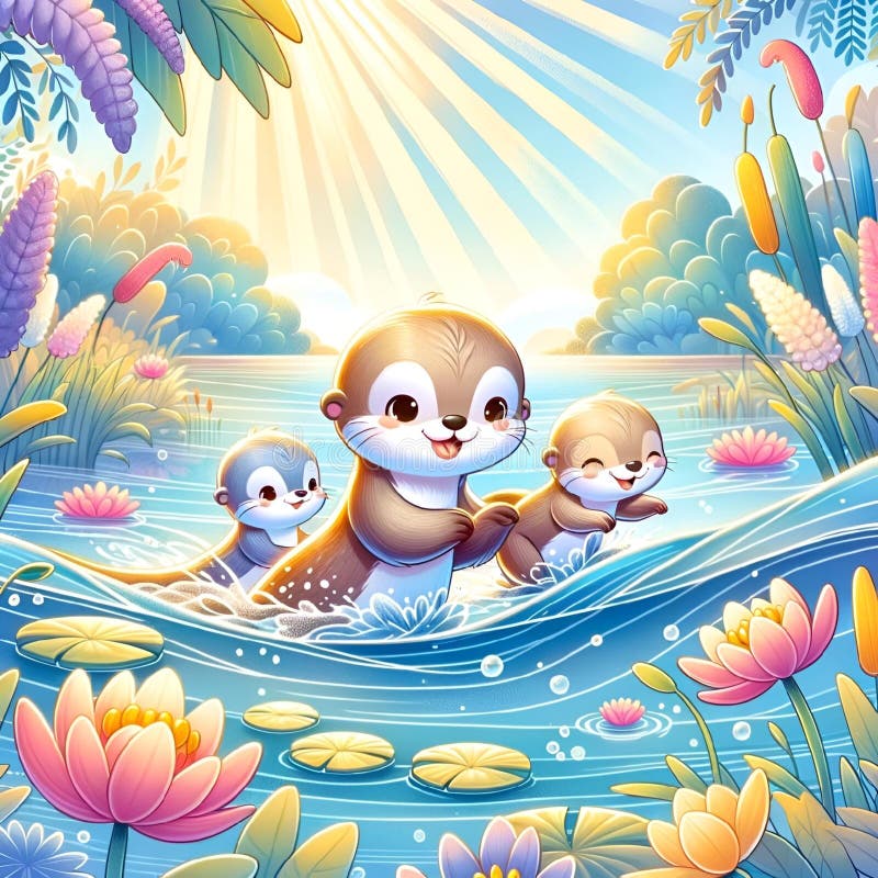 Fröhliche Otterfamilie in sonniger Flusslandschaft lizenzfreie abbildung