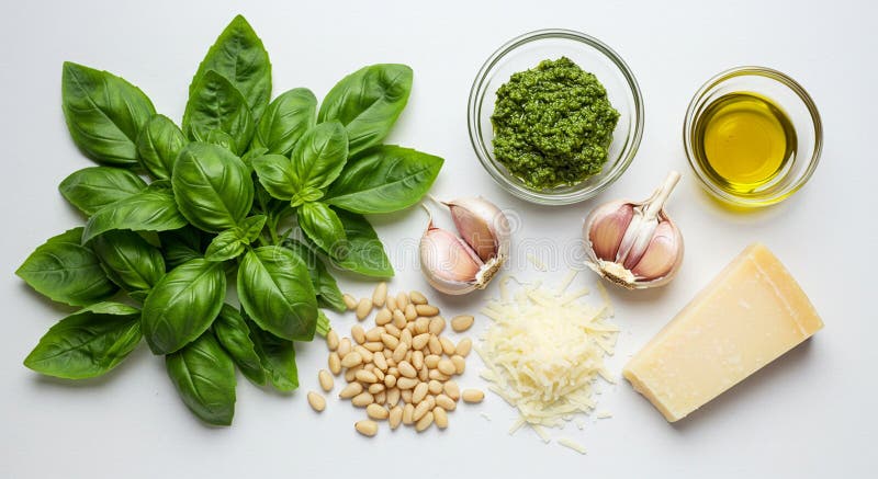 Früchte Blätter aus Pinienkerne Knoblauchzwiebeln gerieben Parmesan Käse ein Block vektor abbildung
