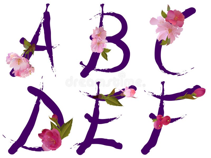 Frühlingsalphabet mit Blumen bezeichnet A, B, C, D, E, F mit Buchstaben