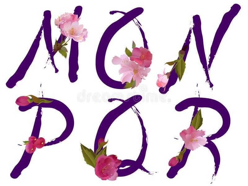 Frühlingsalphabet mit Blumen bezeichnet M, N, O, P, Q, R mit Buchstaben