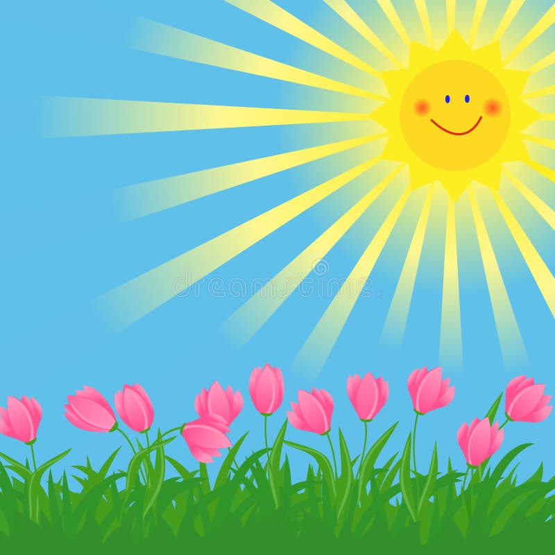 Frühlingssonne und -blumen vektor abbildung. Illustration von