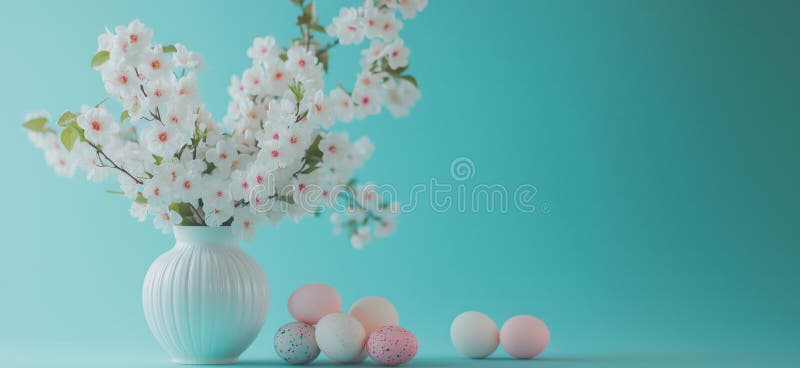 Frühlingsvase mit pastellfarbenen Eiern weiße Blüten im türkisfarbenen Hintergrund festliche Dekoration Osterausschnitt lizenzfreies stockbild