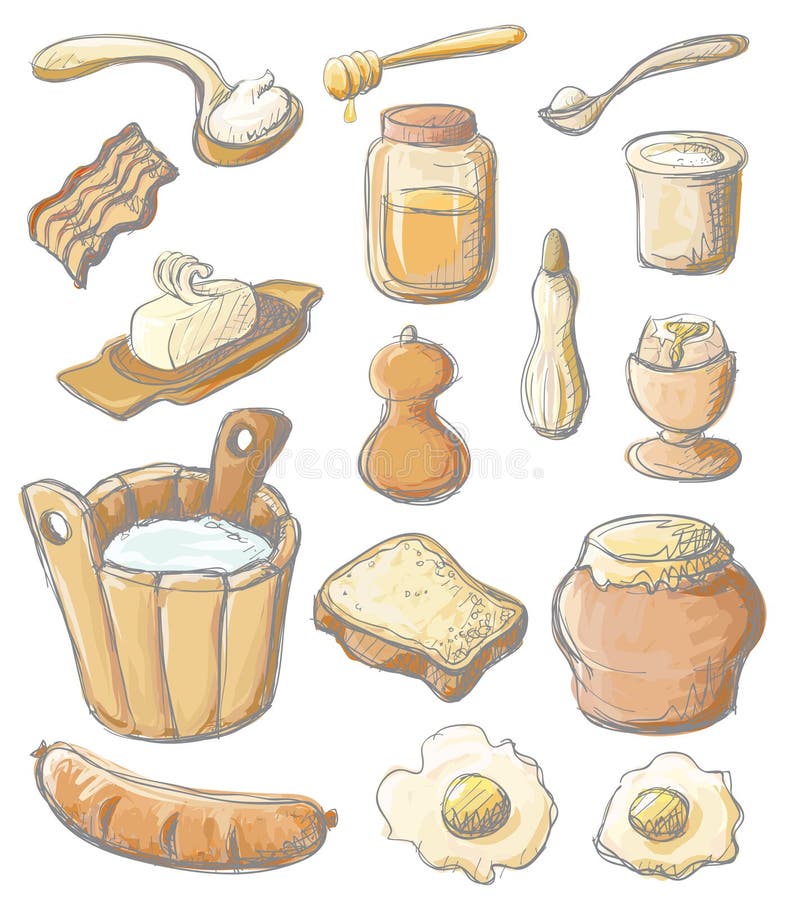 Sketch style breakfast set. Each object in separated layers (sketch lines layers & color layers). Vector illustration. Sketch style breakfast set. Each object in separated layers (sketch lines layers & color layers). Vector illustration.