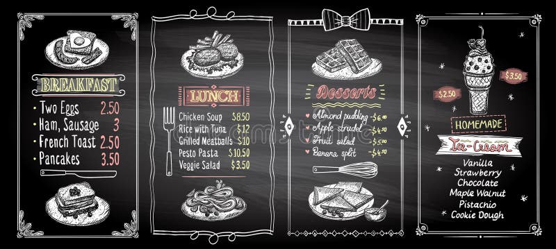 Breakfast, lunch, desserts and ice cream chalkboard menu list designs set, hand drawn graphic illustration, vector collection. Breakfast, lunch, desserts and ice cream chalkboard menu list designs set, hand drawn graphic illustration, vector collection