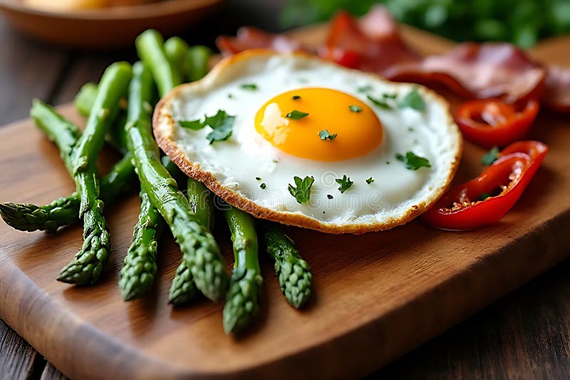 Frühstücksbuffet köstliche Eier mit Spargel und Speck Küche Fotografie gemütlich stock abbildung