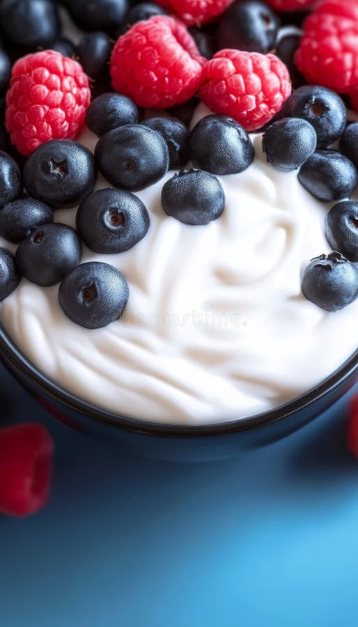 Frühstücksschale. Jogurt mit Heidelbeeren und Himbeeren. gesunde Ernährung Jogurt Hintergrund. stock abbildung