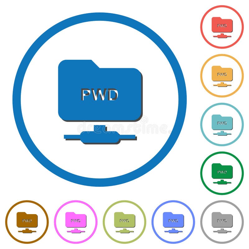 FTP print working directory icons with shadows and outlines vector illustration