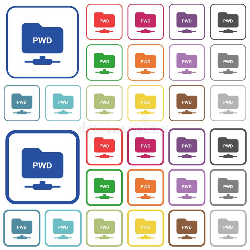 FTP print working directory outlined flat color icons. FTP print working directory color flat icons in rounded square frames. Thin and thick versions included