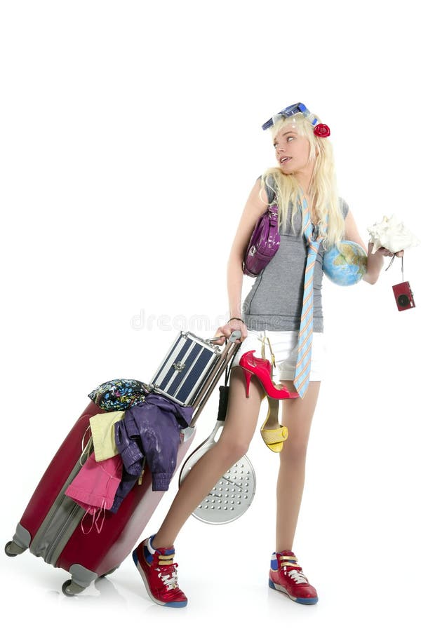Fu rubio de la maleta de las vacaciones de la muchacha de compras imágenes de archivo libres de regalías Fu rubio de la maleta de las vacaciones de la muchacha de compras imágenes de archivo libres de regalías