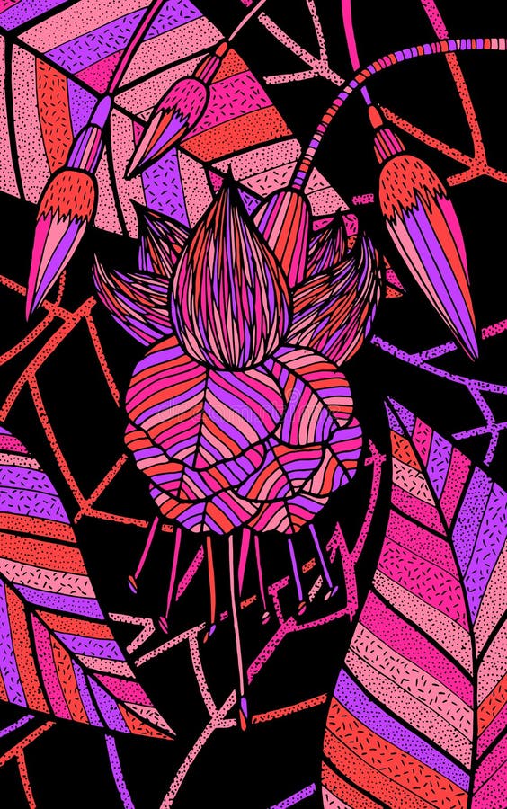 Fuchsia - flödesillustration färgstark ritning av växter Grafik, psykologisk konst med flera färger Vektorteckningar