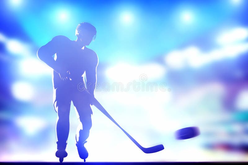 Hockey player shooting on goal in full arena night lights. Hockey player shooting on goal in full arena night lights