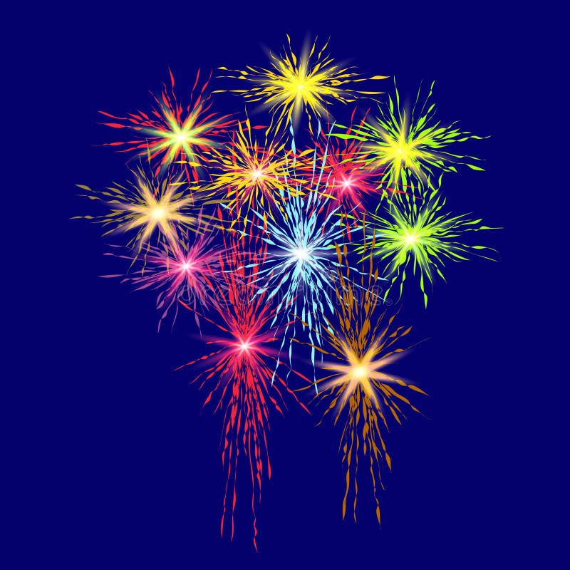 Fuegos artificiales coloridos en honor de Victory Day en un ejemplo azul del fondo stock de ilustración Fuegos artificiales coloridos en honor de Victory Day en un ejemplo azul del fondo stock de ilustración