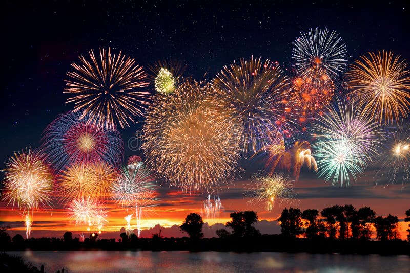 Fireworks at the lake during party event or wedding reception. Fireworks at the lake during party event or wedding reception.