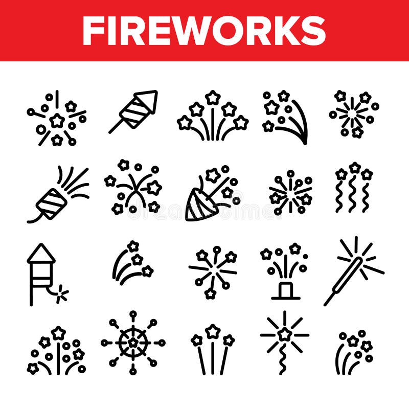 Fuegos artificiales, l?nea fina sistema de los petardos del vector de los iconos ilustración del vector Fuegos artificiales, l?nea fina sistema de los petardos del vector de los iconos ilustración del vector