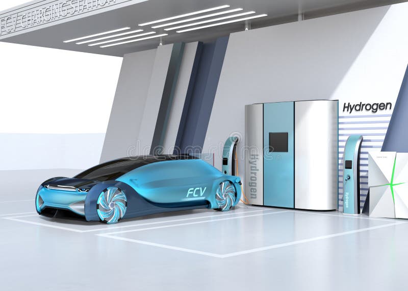 Fuel Cell powered autonomous car filling gas in Fuel Cell Hydrogen Station. 3D rendering image. Fuel Cell powered autonomous car filling gas in Fuel Cell Hydrogen Station. 3D rendering image.