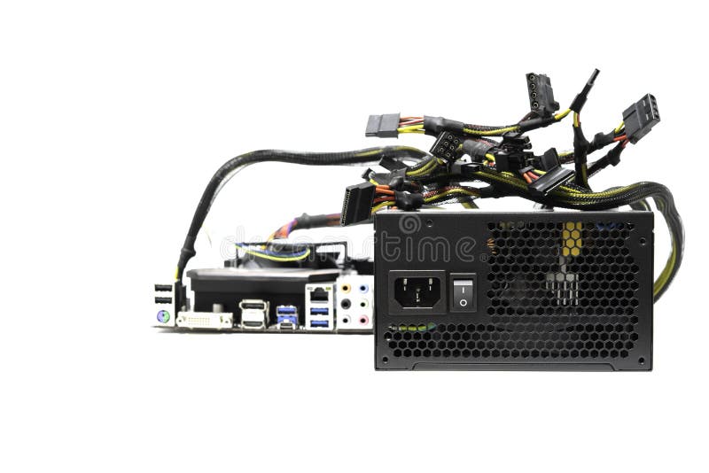 Fuente de alimentación negra para probar el equipo personal de la motherboard con fondo blanco aislado imagen de archivo libre de regalías Fuente de alimentación negra para probar el equipo personal de la motherboard con fondo blanco aislado imagen de archivo libre de regalías