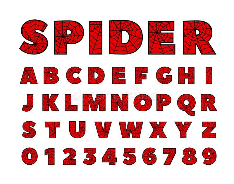 Fuente de araña. alfabeto de spiderman. letras negras sobre fondo rojo.