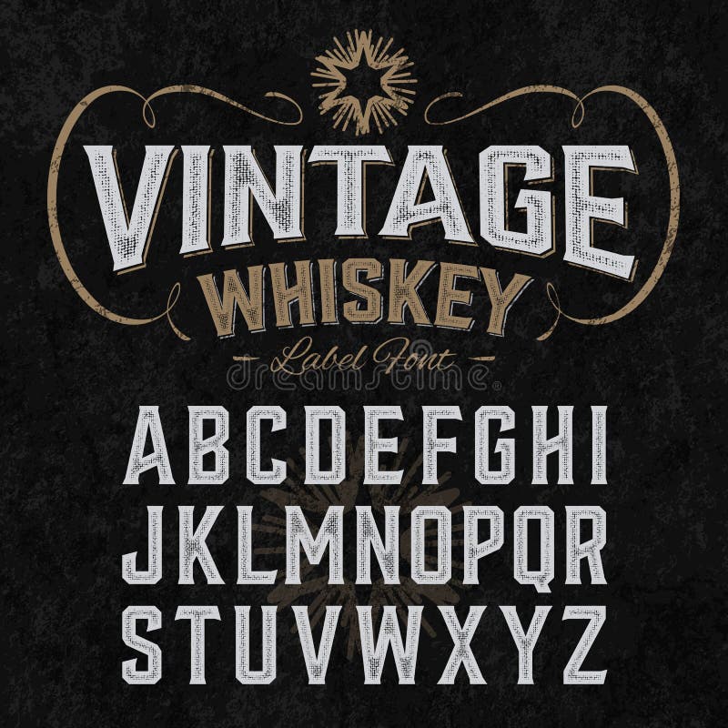 Fuente de la etiqueta del whisky del vintage con diseño de muestra