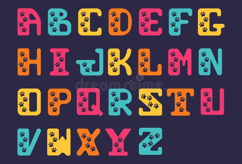 Fuente dibujada mano latina del alfabeto de Sanserif de letras intrépidas capitales Alfabeto estilizado con los rastros de animal stock de ilustración Fuente dibujada mano latina del alfabeto de Sanserif de letras intrépidas capitales Alfabeto estilizado con los rastros de animal stock de ilustración
