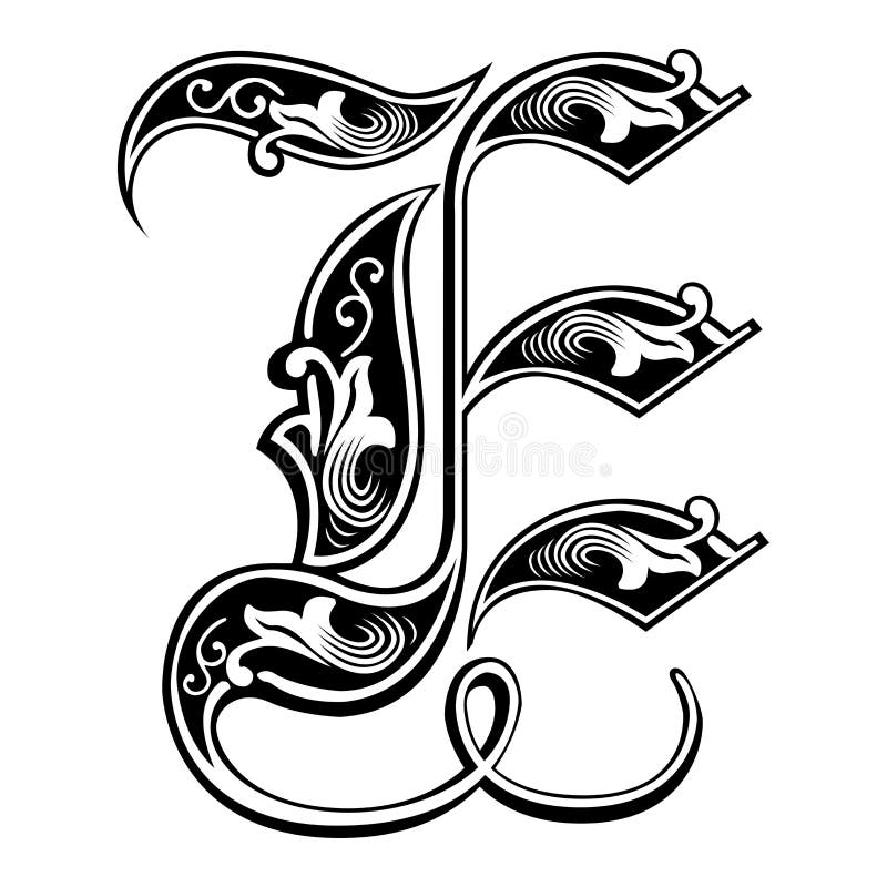 Fuente gótica adornada del estilo, letra E
