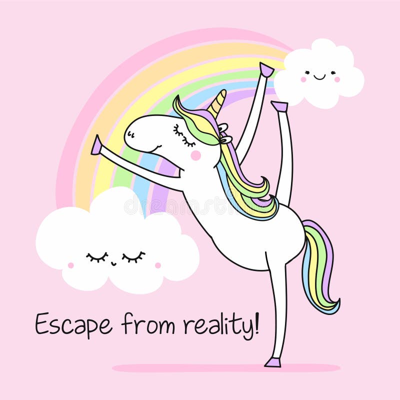 Fuga da realtà - disegno divertente di citazioni e dell'unicorno di vettore