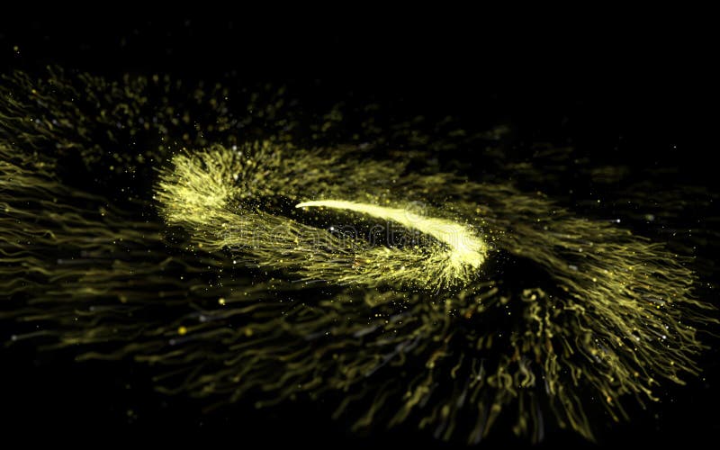 Fuga espiral de brilho do ouro abstrato de partículas de poeira efervescentes torcidas no fundo preto imagem de stock royalty free Fuga espiral de brilho do ouro abstrato de partículas de poeira efervescentes torcidas no fundo preto imagem de stock royalty free