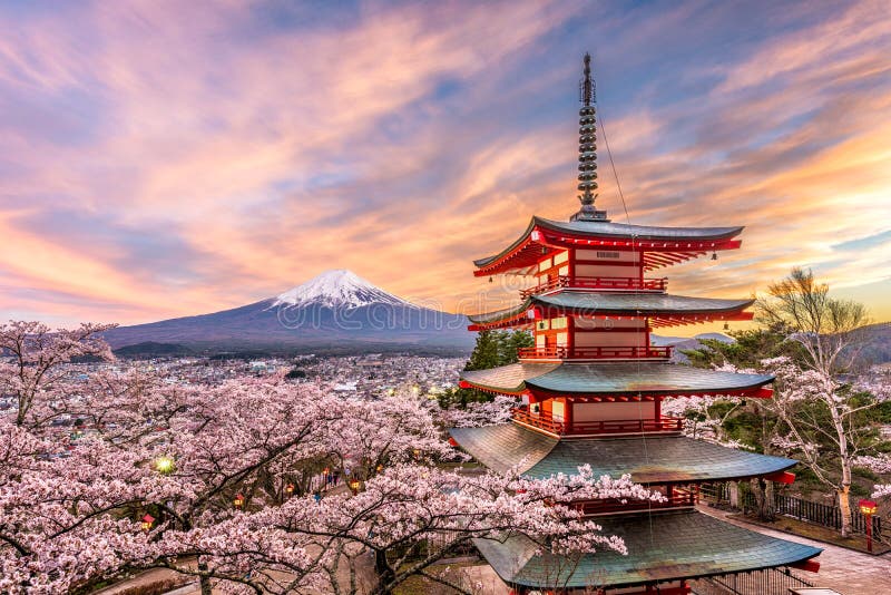 Fujiyoshida, Japan at Chureito Pagoda and Mt. Fuji in the spring with cherry blossoms. Fujiyoshida, Japan at Chureito Pagoda and Mt. Fuji in the spring with cherry blossoms.