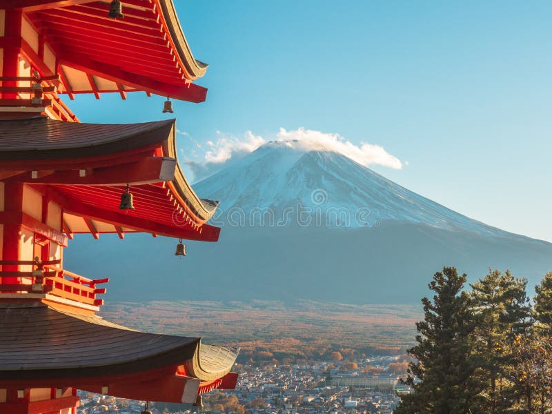 Fuji mountain with red pagoda in foreground. stock image Fuji mountain with red pagoda in foreground. stock image