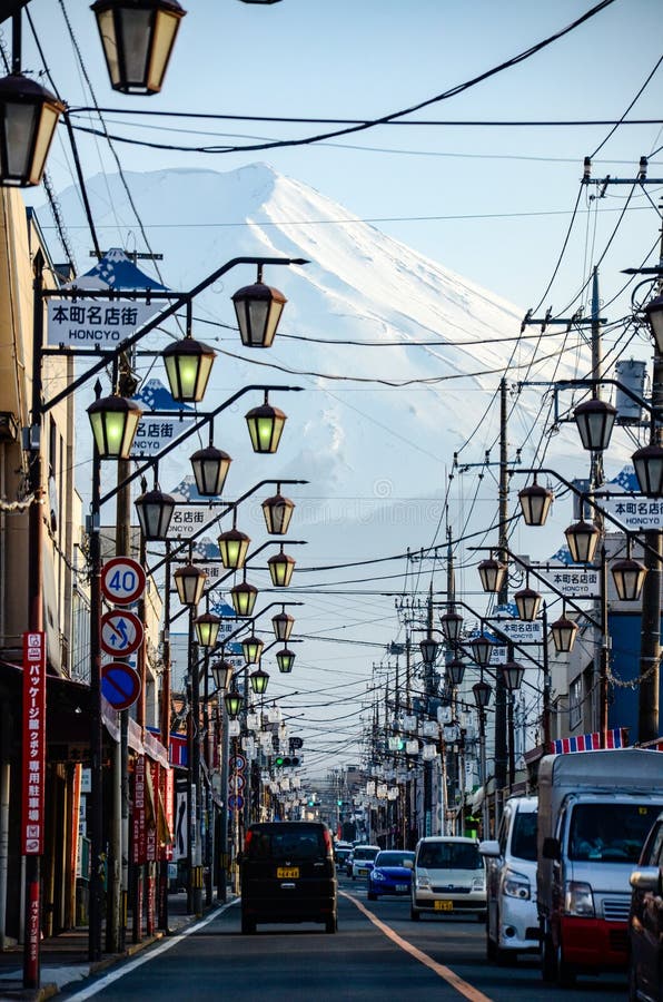 Fujiyoshida Cityscape With Mount Fuji In Background Editorial