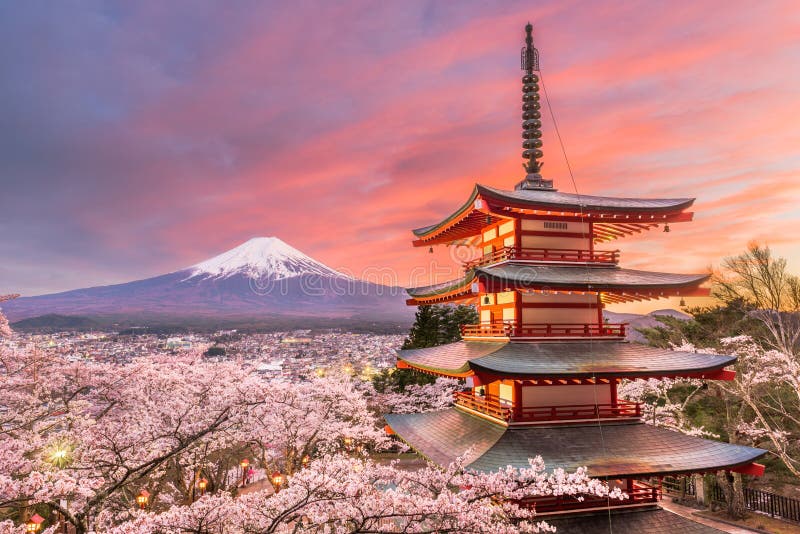 Fujiyoshida, Japan view of Mt. Fuji and Pagoda
