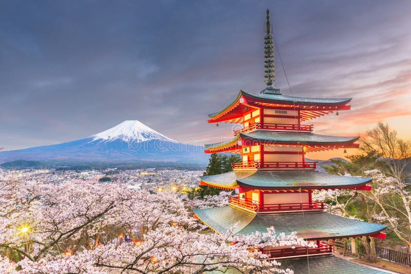 Fujiyoshida, Japan view of Mt. Fuji and pagoda in spring season with cherry blossoms