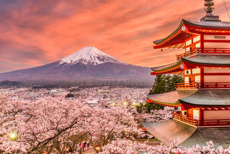 Fujiyoshida, Japan spring landscape with Mt. Fuji and the Peace Pagoda. Fujiyoshida, Japan spring landscape with Mt. Fuji and the Peace Pagoda.