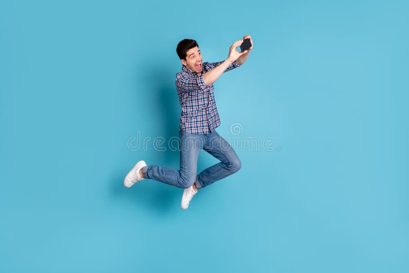 Ful length body size view photo charming youth make photo video call blog blogger social network shout expression summer royalty free stock images