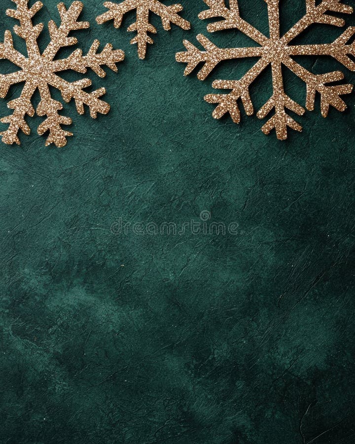 Fulgi de zăpadă de aur strălucitori pe fond verde închis vector illustration