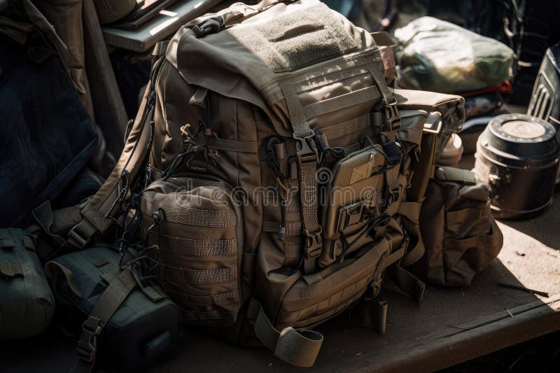 Full Backpack, with Gear and Supplies Visible, in Combat Zone Stock ...