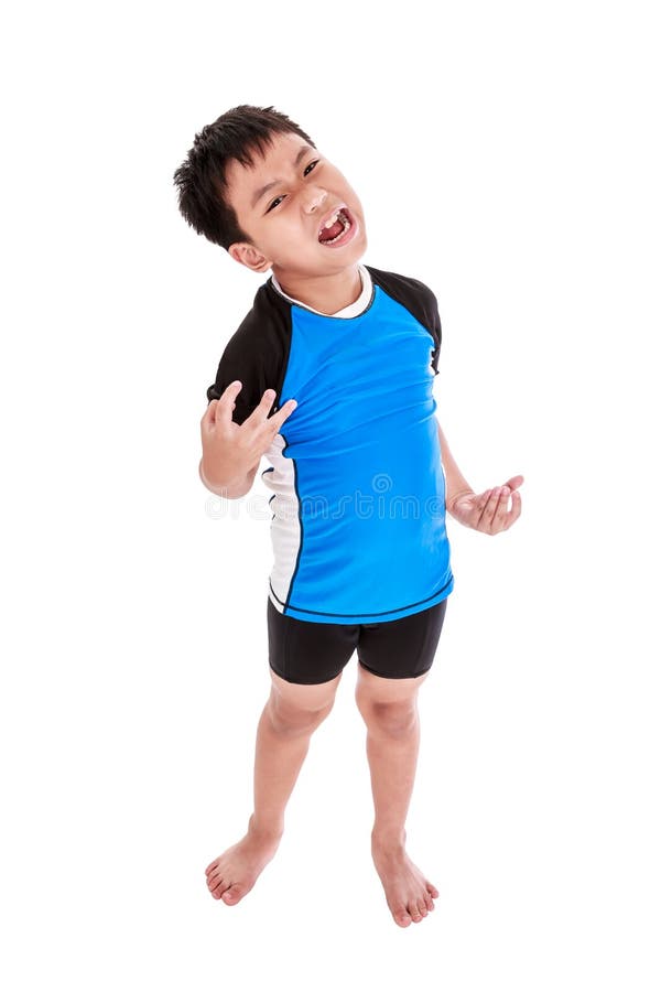 Full body of angry asian child cyclist screaming with opened mouth. Isolated on white background. Negative human face expressions, emotion, conflict. Concept about aggressive behavior in childhood. Full body of angry asian child cyclist screaming with opened mouth. Isolated on white background. Negative human face expressions, emotion, conflict. Concept about aggressive behavior in childhood.