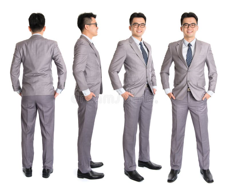 Full body Asian businessman in different angle, front, side and rear view. Standing isolated on white background. Asian male model.