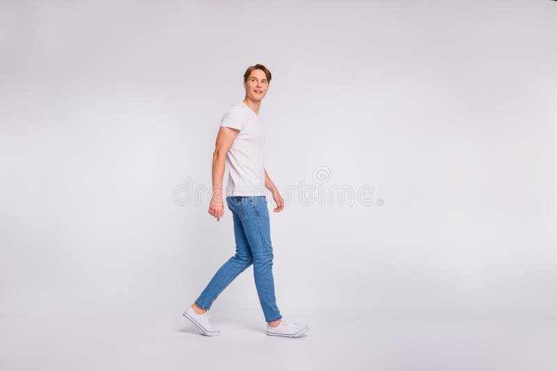 Full Body Photo of Amazing Guy Walking Down Street Wear Casual Outfit ...