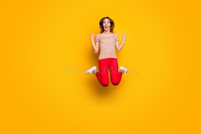 Full body photo of crazy funky amazed girl hear wonderful news about black friday discounts jump scream wow omg wear stock images Full body photo of crazy funky amazed girl hear wonderful news about black friday discounts jump scream wow omg wear stock images