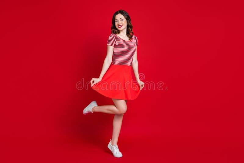 Full Body Photo of Cute Girl Stand Tip Toe Show New Skirt Shopping ...